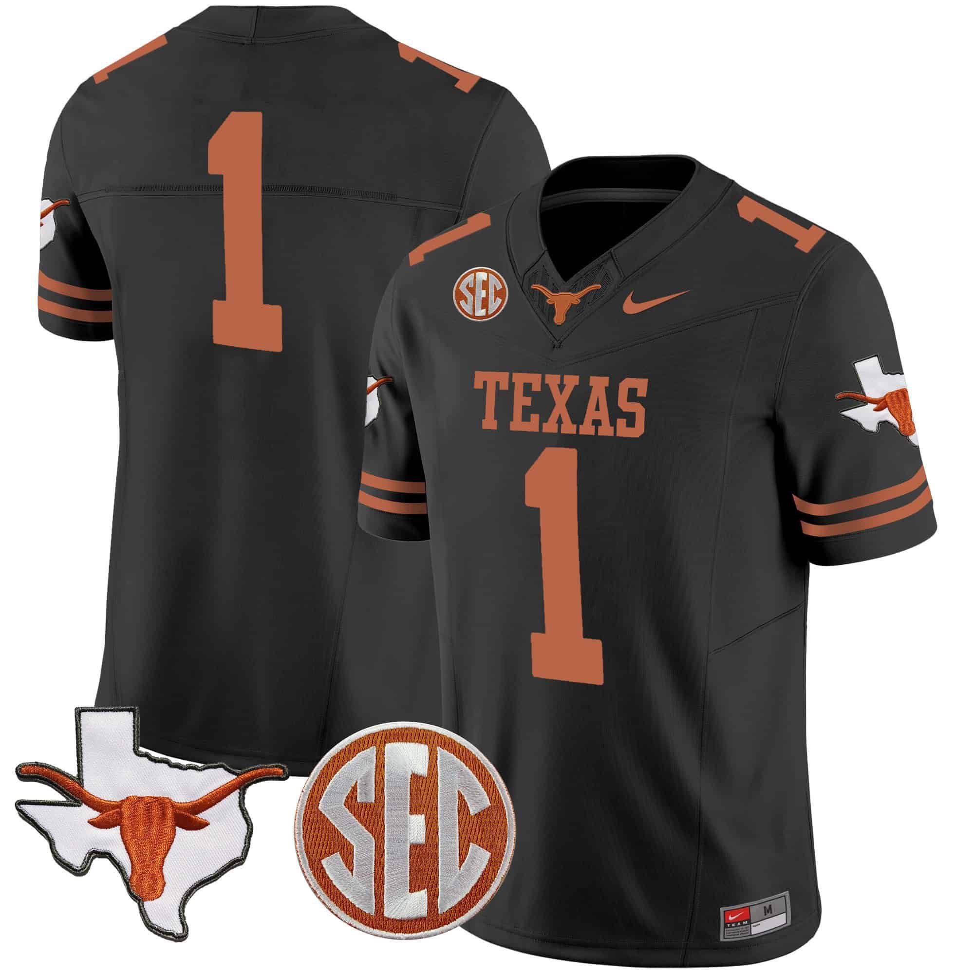 Men Texas Longhorns #1 No Name Black 2024 Nike State Map & SEC Patch Vapor NCAA Jersey style 1->indianapolis colts->NFL Jersey